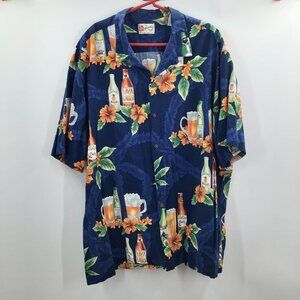 Vintage 1990s Men's 4XL Hawaiian Shirt Hilo Hatties Beer Floral Blue Button Down